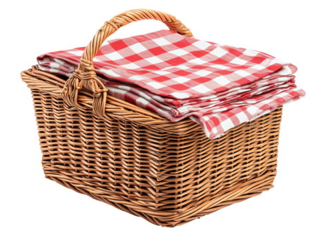 Wicker picnic basket with a folded red-and-white checkered cloth ready for outdoor dining