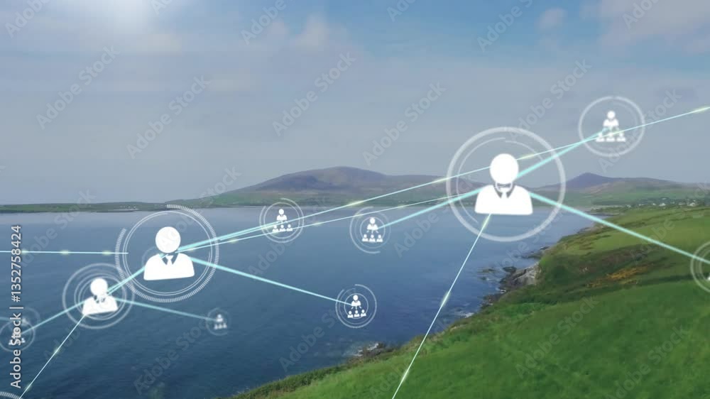 Poster network of connections and data processing animation over coastal landscape