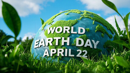 Verdant Earth: Planet's Surface Blanketed in Green Vegetation with Eco-Slogans and Text "WORLD EARTH DAY APRIL 22"