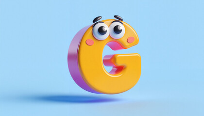 Cheerful cartoon letter G with glossy finish and expressive eyes, playful design