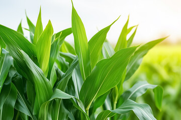 Fototapeta premium Corn leaves swaying in the breeze under a bright sky create a lush green landscape. Setting in open farmland during daytime. Concept of agriculture, farming, landscaping