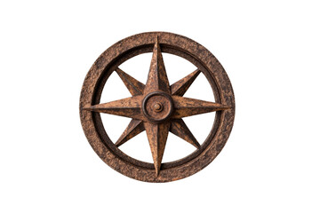 Rustic iron compass rose on black background showcasing vintage navigation symbol, cut out