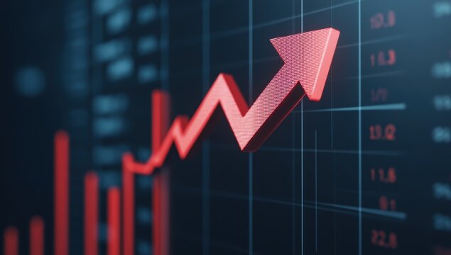 Dynamic upward trend in financial data visualized through a bold red arrow on a digital graph displaying market performance metrics late in the trading day