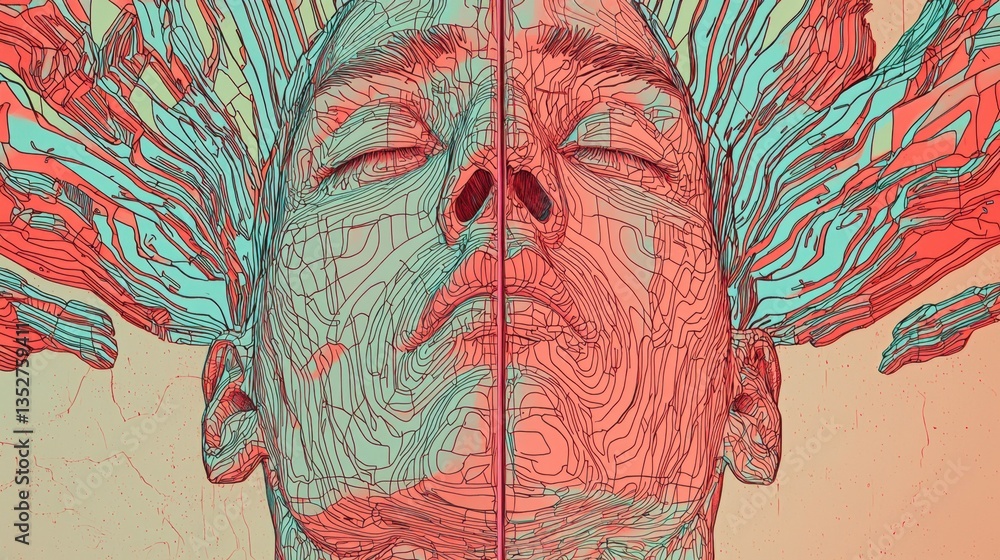 Poster abstract human form with intricate line work expressing emotion and creativity in vibrant colors