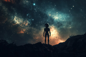 Alien observing milky way galaxy from mountain top at night