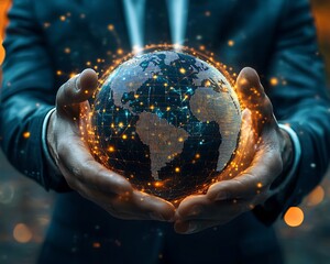 Businessperson holding a glowing representation of the interconnected global world