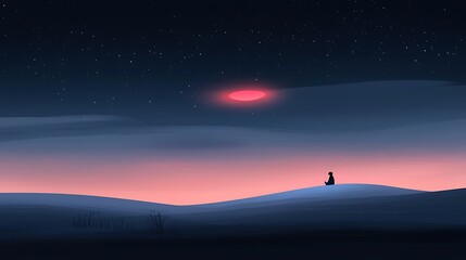 Silhouette of a Figure Watching a Red Glowing Alien Craft in a Night Sky