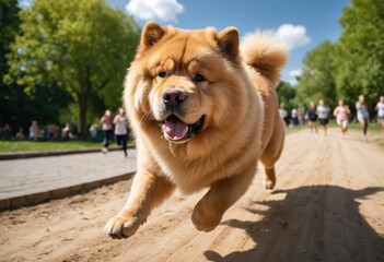 chow chow dog running on the soil of a public green park, puppy dog playing outdoors in the urban natural meadown, adorable hairy doggy