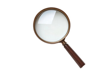 Antique wooden magnifying glass with brass frame on black background, cut out