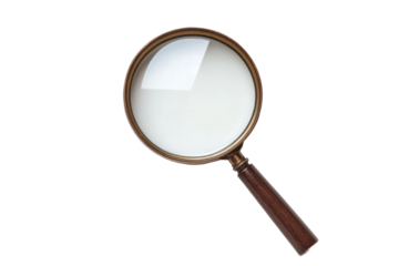 Antique wooden magnifying glass with brass frame on black background, cut out