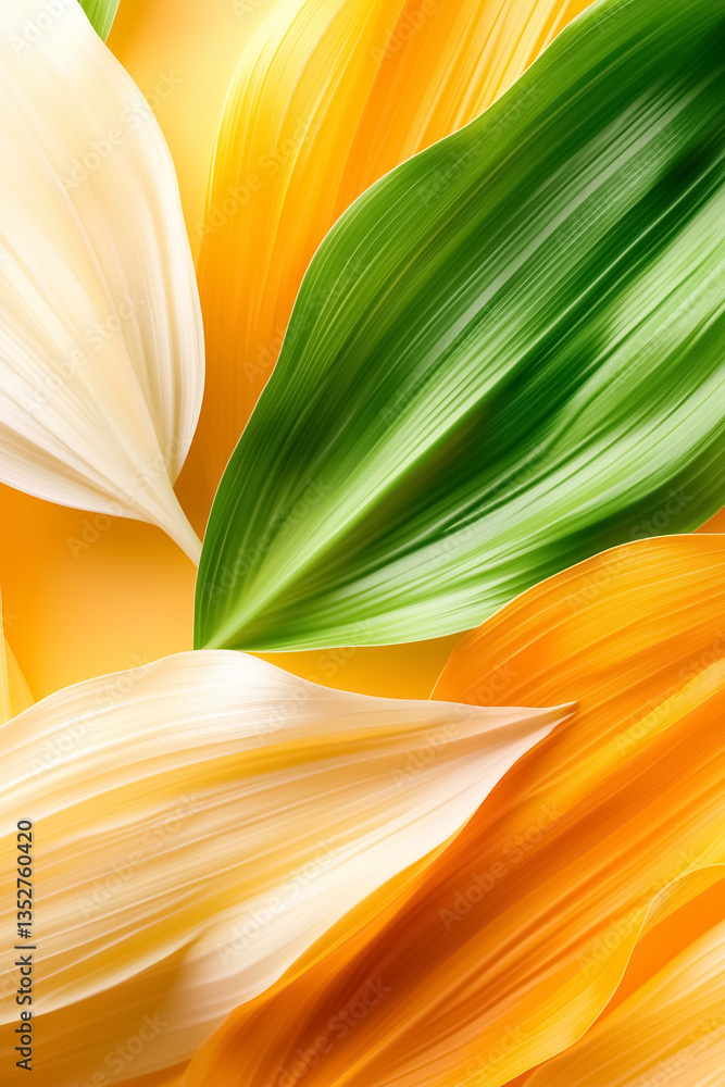 Poster colorful abstract leaves overlapping to create texture and depth. bright yellow and green background