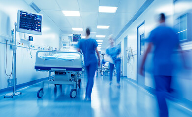 A blurred motion shot of medical staff in scrubs walking through a hospital room with medical equipment and a patient bed.