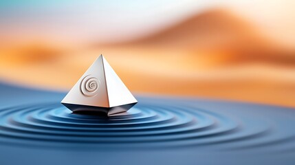Silver Pyramid on Blue Water with Desert Sunset Background