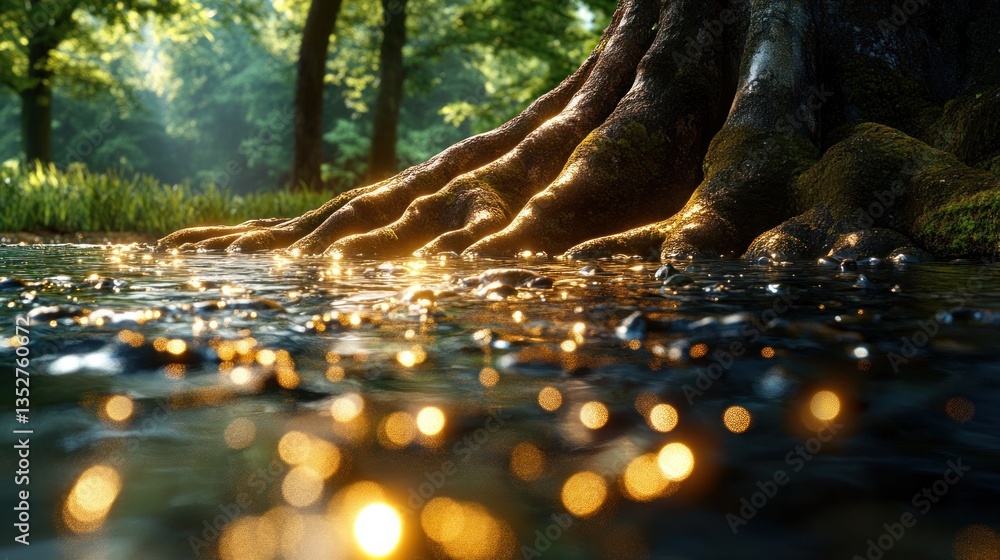 Poster sunlight streams through forest creek, illuminating ancient tree roots