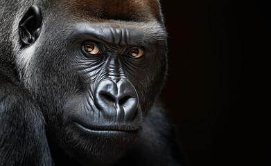 Obraz premium Close-up portrait of a gorilla with intense, focused eyes, captured in dramatic lighting.
