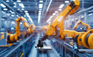 Close-up of industrial robotic arms in a factory, moving packages along a conveyor belt in a modern manufacturing environment.


