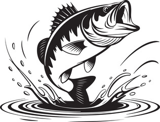 Jumping Bass Fish silhouette Black and White Illustration, Fishing Logo, Sport Fishing Clipart, vector