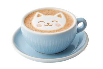 Cute cat latte art in blue cup on saucer, cut out