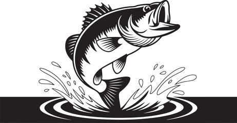Jumping Bass Fish silhouette Black and White Illustration, Fishing Logo, Sport Fishing Clipart, vector