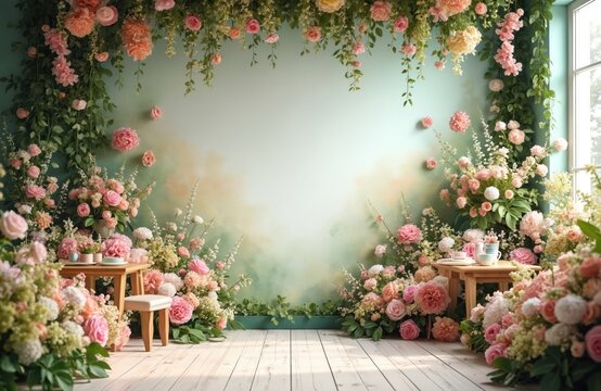 Studio backdrop with blooming flowers, rich green plants. Soft pastel colors create whimsical spring background. Perfect photo shoot, family moments, children portraits, baby studio pics.