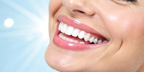 Fototapeta premium Beautiful white teeth smile woman's face dental health care happiness beauty concept