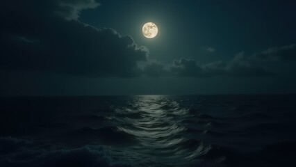 Dark sea scene with subtle moonlight shimmering across the surface, creating a deep and immersive night mood. Perfect for emotional storytelling.