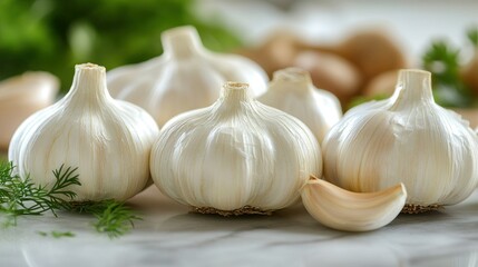Obraz premium Close-up of garlic bulbs on a marble surface with herbs in the background
