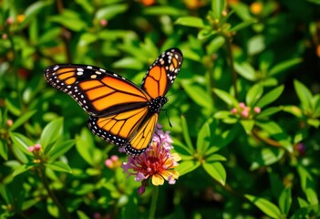Fototapeta premium Monarch butterfly, wings outstretched, vibrant green foliage, serene nature, peaceful, beautiful