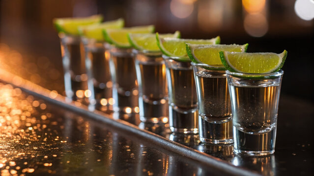 Celebrate cinco de mayo with row of tequila shots garnished with fresh lime slices ready for enjoyment