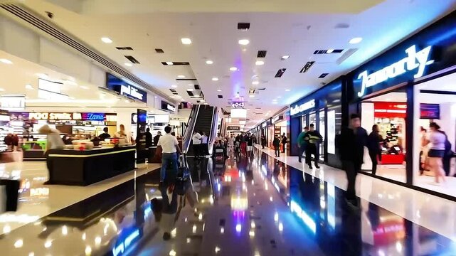 Crowds and Stores in Motion Hyperlapse of a Stylish Shopping Mall Interior.
