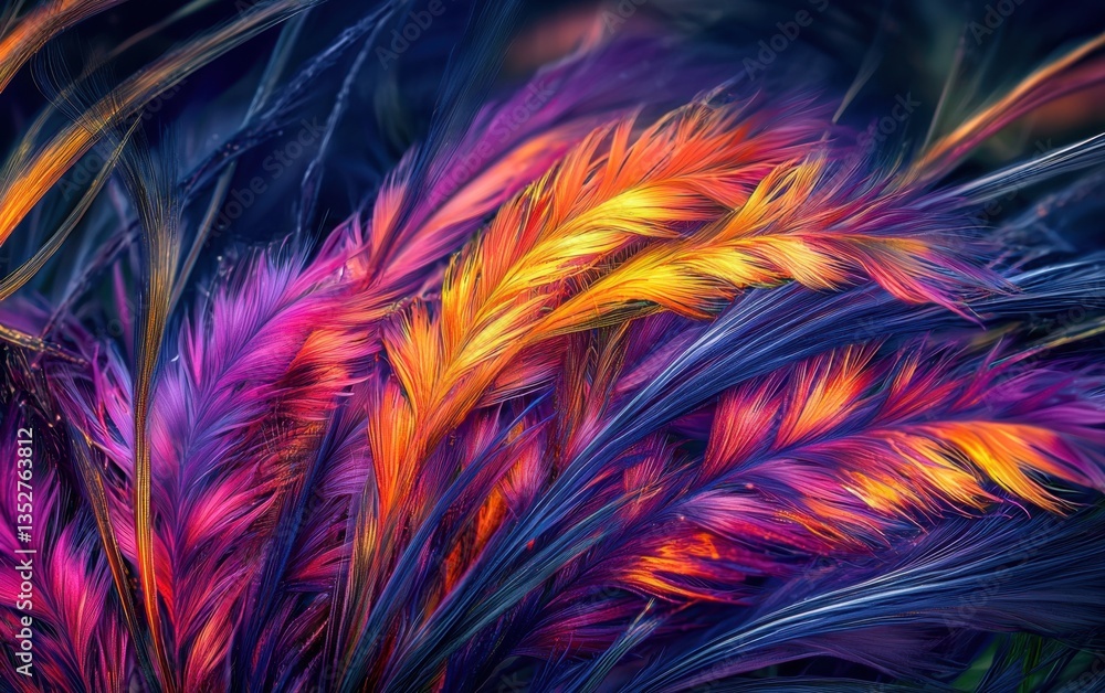 Poster vibrant display of colorful feathers in a lush natural setting during daylight hours