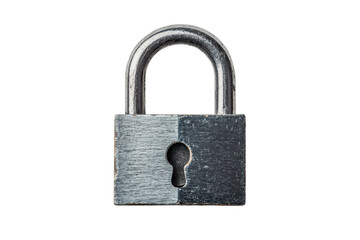 Rustic metal padlock with keyhole on black background, cut out