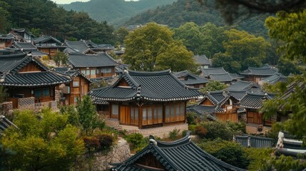 Fototapeta premium Traditional Architecture Nestled Among Lush Greenery and Rolling Hills