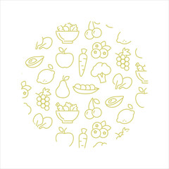 Fruits and Vegetables seamless pattern background. Circle shape. Healthy eating - apple, carrot, broccoli and others line icons. Vegetarian, farm grocery store,