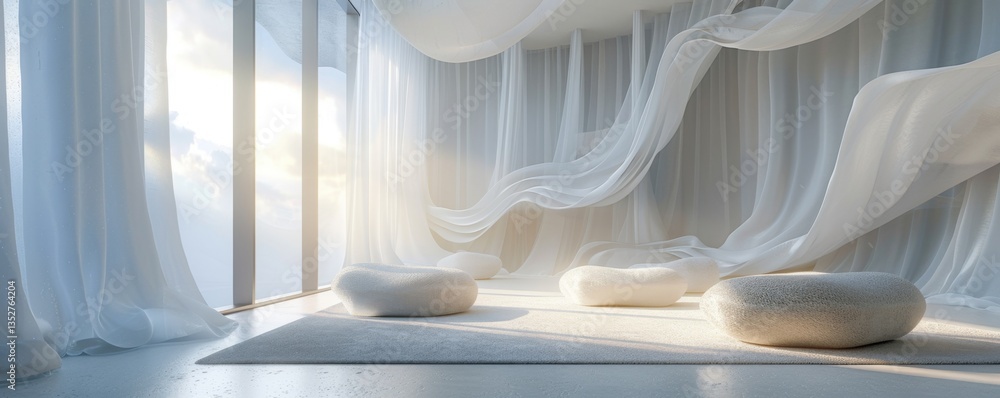 Aufkleber fluid metallic shapes hover gracefully in a minimalist white environment with soft lighting