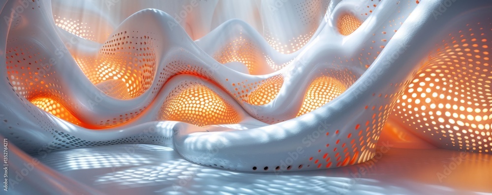 Poster fluid metallic shapes glowing softly in a minimalist white space create an ethereal atmosphere of su