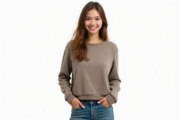 Obraz premium Half-Length (Waist-Up) portrait of young stylish smiling Kyrgyz female model in casual wear isolated on pure white background looking at camera