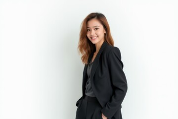 Obraz premium Half-Length (Waist-Up) portrait of young stylish smiling Kyrgyz female model in business wear isolated on pure white background looking at camera
