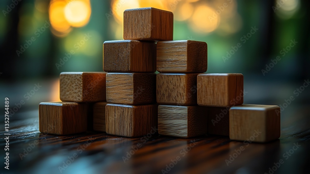 Poster wooden blocks stacked on a wooden surface with bokeh background, representing stability and order.
