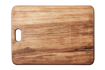 Large wooden cutting board with handle on white background, cut out