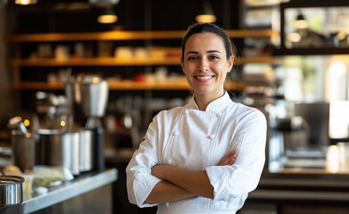 Fototapeta premium A confident female chef standing in a professional kitchen with her arms crossed, smiling at the camera, while another chef works in the background.