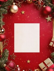 Blank card framed by Christmas ornaments on red background.