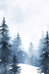 Snow Falling in Winter Forest with Pine Trees Watercolor Painting