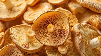 Cluster of edible fungi, revealing detailed gill structures and caps