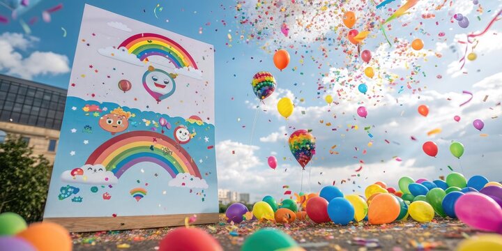 Confetti Explosion Birthday Scene with Rainbow-Colored Decorations and a Festive Flyer.