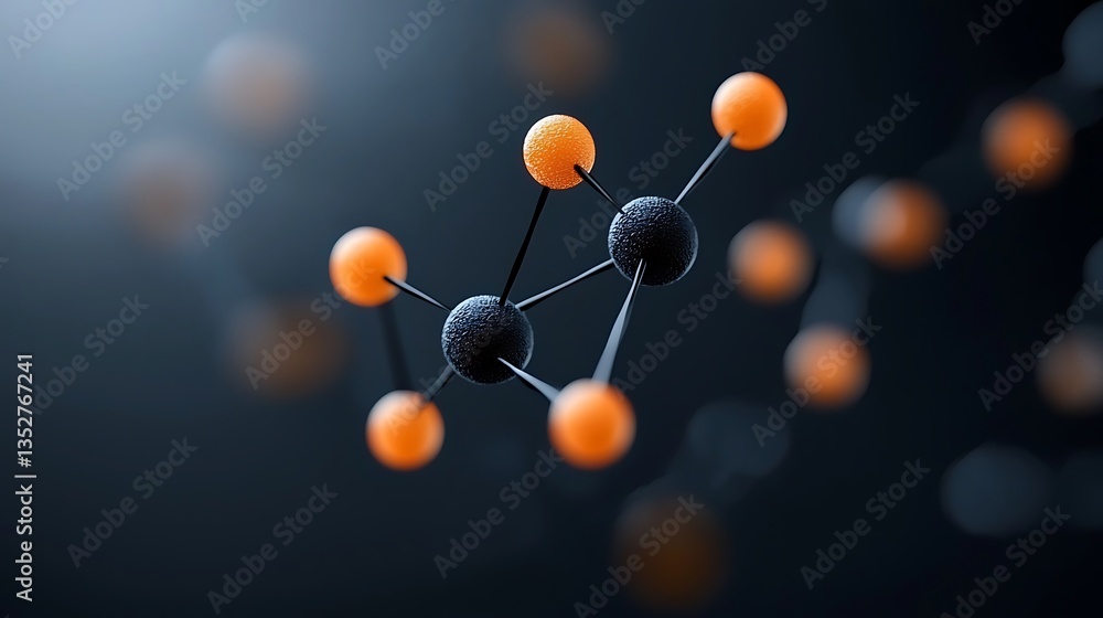 Poster abstract 3d rendering of molecular structure with orange and black atoms