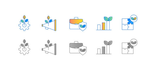 Sustainable Business Practices Icon Set. Eco-Friendly Operations, Green Marketing, Business Growth, Secure Solutions Editable Stroke Icons