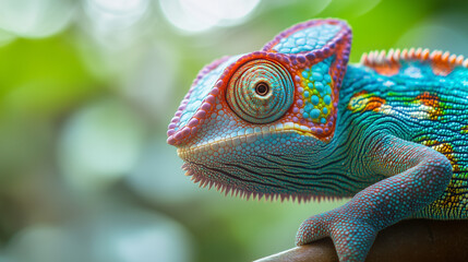 Obraz premium a chameleon’s scales shifting colors, chameleon on a branch, iguana on a tree, green iguana on a branch, aquarium fish in aquarium, green lizard on a tree, green lizard on a branch