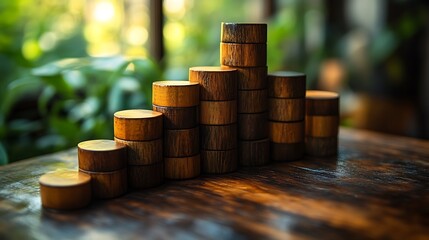 Wooden Cylinders Stacked Creating a Simple Bar Graph on an Abstract Blurred Green Background, Symbolizing Growth and Progress.