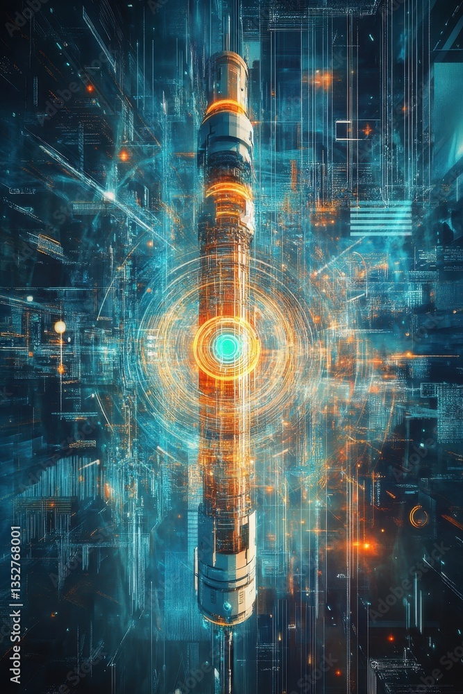 Poster futuristic tech: a high-tech device radiates with energy in a network of data.